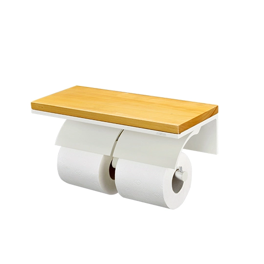 Double Toilet Tissue Holder W/Wooden Shelf  (Aluminum W/Ivory Coating)
